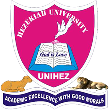 Hezekiah University crest: a dove over an open book reading God is Love, with a lion and a lamb